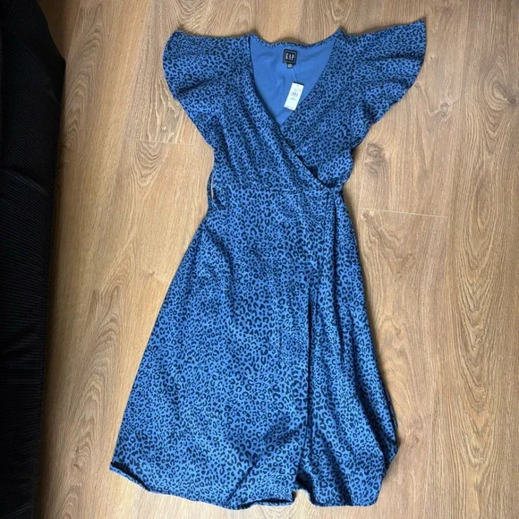 NWT GAP Blue Leopard Print Midi Dress XS Petite - Picture 2 of 7